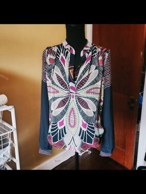 TJ Collection Navy Blouse with Pink, Cream, and White Floral-Geometric Print